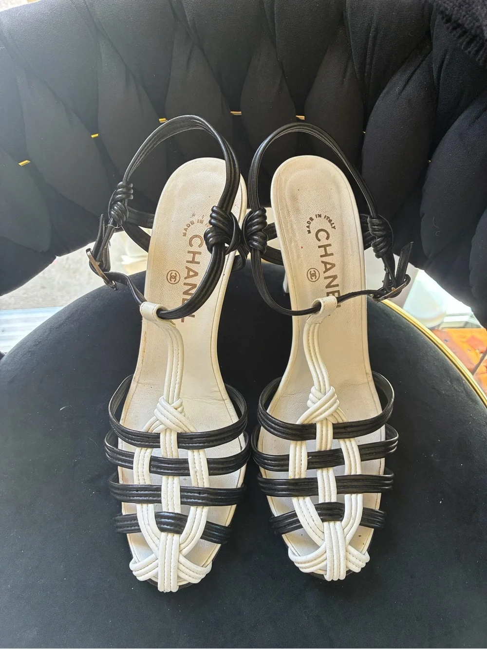 CHANEL Black and White Knotted Strap Sandals / 40